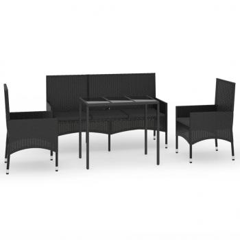 4-tlg. Garten-Lounge-Set mit Kissen Schwarz Poly Rattan