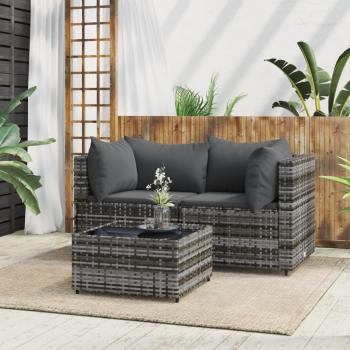 ARDEBO.de - 3-tlg. Garten-Lounge-Set mit Kissen Grau Poly Rattan