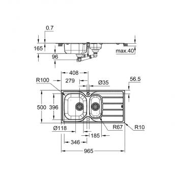 GROHE K200 Edelstahlspüle mit Abtropffläche, 965x500mm, 1,5 Becken, Edelstahl (31564SD1)