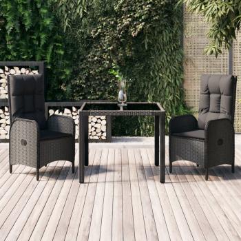 ARDEBO.de - 3-tlg. Garten-Essgruppe mit Kissen Schwarz Poly Rattan