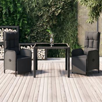 ARDEBO.de - 3-tlg. Garten-Essgruppe mit Kissen Schwarz Poly Rattan