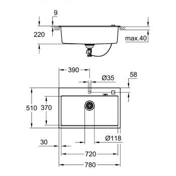 GROHE K700 Kompositküchenspüle, Einzelbecken, keine Abtropffläche, mit Ablauffernbedienung, reversibel, granit schwarz (31652AP0)