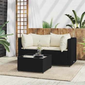 ARDEBO.de - 3-tlg. Garten-Lounge-Set mit Kissen Schwarz Poly Rattan