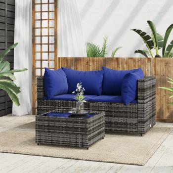 ARDEBO.de - 3-tlg. Garten-Lounge-Set mit Kissen Grau Poly Rattan