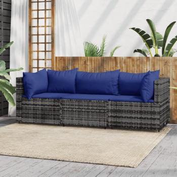 ARDEBO.de - 3-tlg. Garten-Lounge-Set mit Kissen Grau Poly Rattan