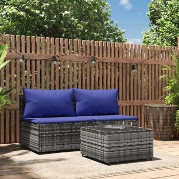 ARDEBO.de - 3-tlg. Garten-Lounge-Set mit Kissen Grau Poly Rattan