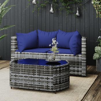 ARDEBO.de - 3-tlg. Garten-Lounge-Set mit Kissen Grau Poly Rattan