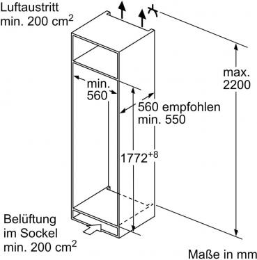 Siemens KI82LVFE0 iQ300 Einbaukühlschrank mit Gefrierfach, Nischenhöhe 177,5 cm, 280 L, Festtürtechnik, super Cooling, safety Glas, bottle Rack