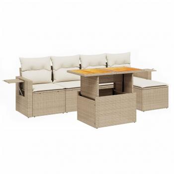 6-tlg. Garten-Sofagarnitur mit Kissen Beige Poly Rattan