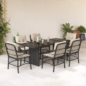 ARDEBO.de - 7-tlg. Garten-Essgruppe mit Kissen Schwarz Poly Rattan