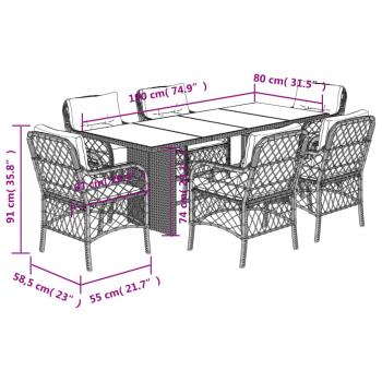 7-tlg. Garten-Essgruppe mit Kissen Schwarz Poly Rattan