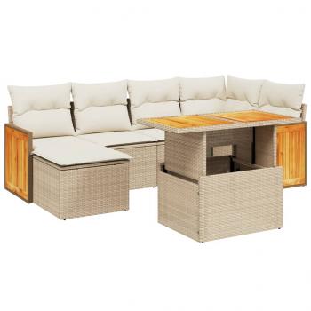 7-tlg. Garten-Sofagarnitur mit Kissen Beige Poly Rattan