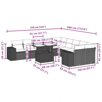 11-tlg. Garten-Sofagarnitur mit Kissen Schwarz Poly Rattan