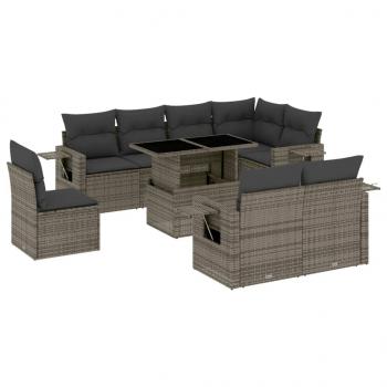 9-tlg. Garten-Sofagarnitur mit Kissen Grau Poly Rattan