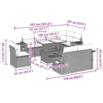 9-tlg. Garten-Sofagarnitur mit Kissen Grau Poly Rattan