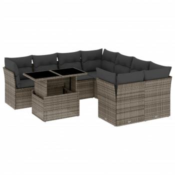 9-tlg. Garten-Sofagarnitur mit Kissen Grau Poly Rattan