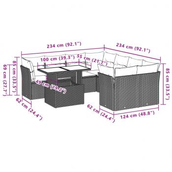 9-tlg. Garten-Sofagarnitur mit Kissen Grau Poly Rattan