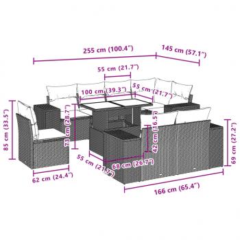 9-tlg. Garten-Sofagarnitur mit Kissen Grau Poly Rattan