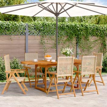 ARDEBO.de - 7-tlg. Garten-Essgruppe Poly Rattan und Massivholz Beige