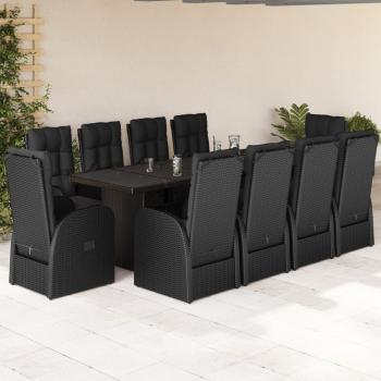 ARDEBO.de - 11-tlg. Garten-Essgruppe mit Kissen Schwarz Poly Rattan