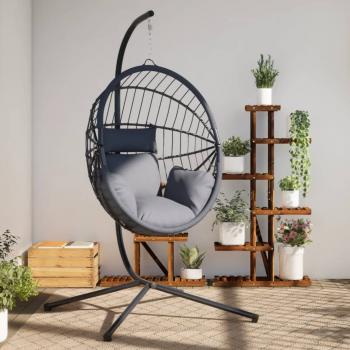 ARDEBO.de - Hängesessel Ei-Design mit Ständer Grau Rattan und Stahl