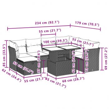 8-tlg. Garten-Sofagarnitur mit Kissen Braun Poly Rattan