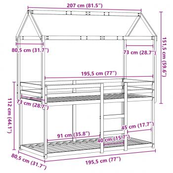 Etagenbett mit Dach 75x190 cm Massivholz Kiefer