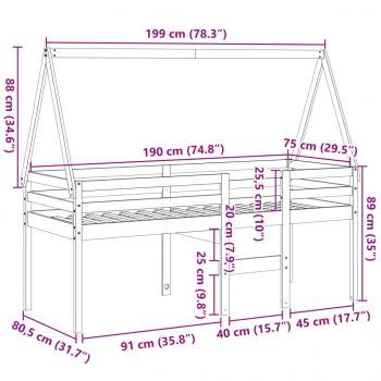 Hochbett mit Dach 75x190 cm Massivholz Kiefer