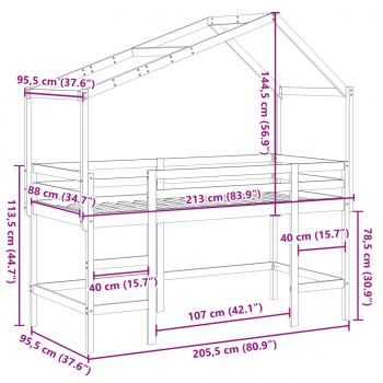 Hochbett mit Leiter und Dach Weiß 90x200 cm Massivholz Kiefer