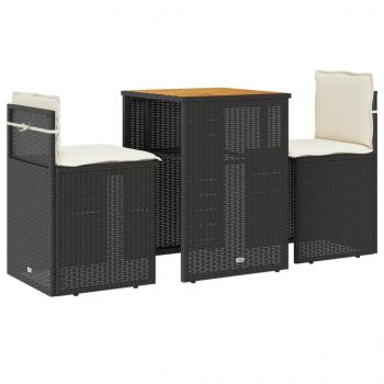 3-tlg. Bistro-Set mit Kissen Schwarz Poly Rattan