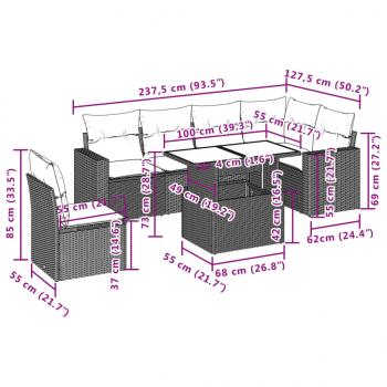 7-tlg. Garten-Sofagarnitur mit Kissen Braun Poly Rattan