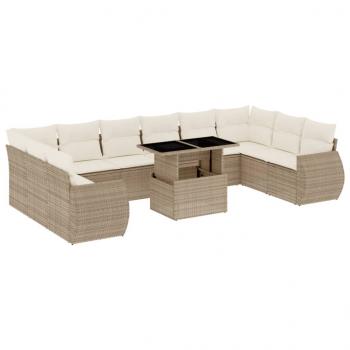 11-tlg. Garten-Sofagarnitur mit Kissen Beige Poly Rattan