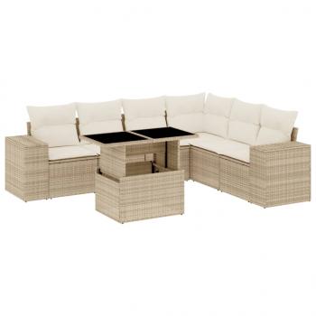 7-tlg. Garten-Sofagarnitur mit Kissen Beige Poly Rattan