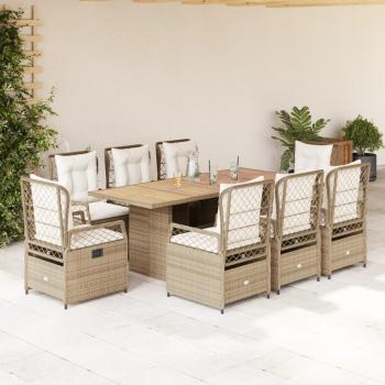 ARDEBO.de - 9-tlg. Garten-Essgruppe mit Kissen Beige Poly Rattan