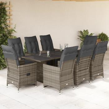 ARDEBO.de - 9-tlg. Garten-Bistro-Set mit Kissen Grau Poly Rattan