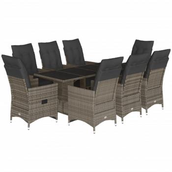 9-tlg. Garten-Bistro-Set mit Kissen Grau Poly Rattan