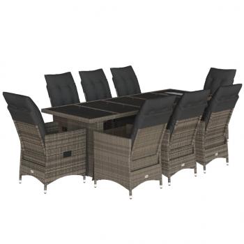 9-tlg. Garten-Bistro-Set mit Kissen Grau Poly Rattan