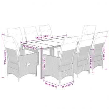 9-tlg. Garten-Bistro-Set mit Kissen Grau Poly Rattan