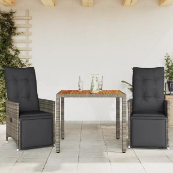 ARDEBO.de - 3-tlg. Garten-Bistro-Set mit Kissen Grau Poly Rattan