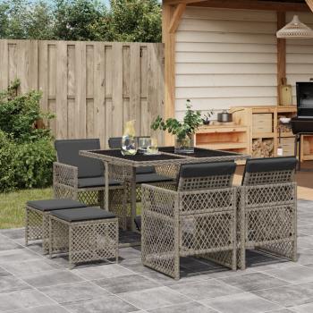 ARDEBO.de - 9-tlg. Garten-Essgruppe mit Kissen Grau Poly Rattan