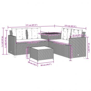 Gartensofa in L-Form mit Tisch und Kissen Grau Poly Rattan