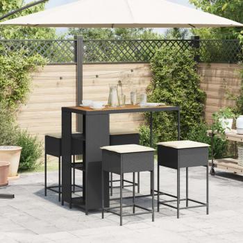 5-tlg. Gartenbar-Set mit Kissen Schwarz Poly Rattan