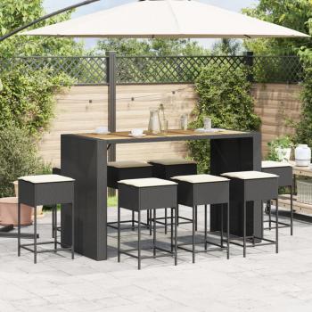 9-tlg. Gartenbar-Set mit Kissen Schwarz Poly Rattan