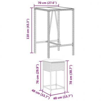 3-tlg. Gartenbar-Set mit Kissen Grau Poly Rattan