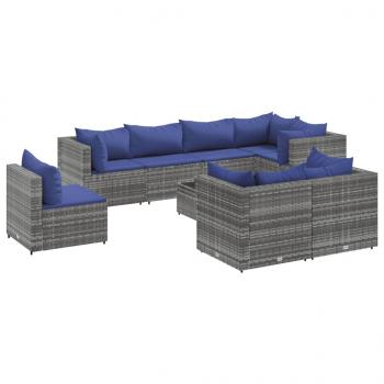 9-tlg. Garten-Lounge-Set mit Kissen Grau Poly Rattan