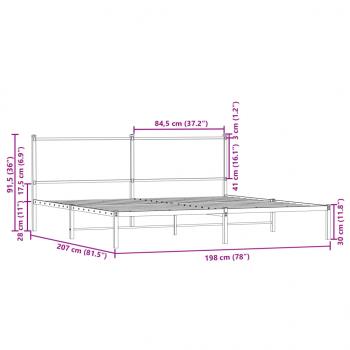 Metallbett ohne Matratze Sonoma-Eiche 193x203 cm