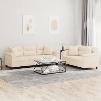 ARDEBO.de - 2-tlg. Sofagarnitur mit Kissen Beige Mikrofasergewebe