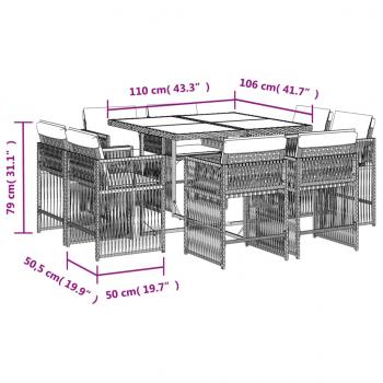 9-tlg. Garten-Essgruppe mit Kissen Braun Poly Rattan