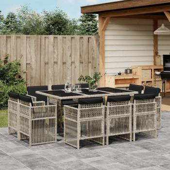 ARDEBO.de - 11-tlg. Garten-Essgruppe mit Kissen Hellgrau Poly Rattan