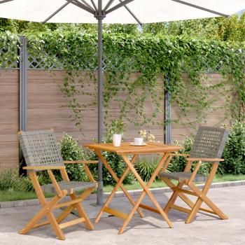 ARDEBO.de - 3-tlg. Bistro-Set Grau Poly Rattan und Massivholz